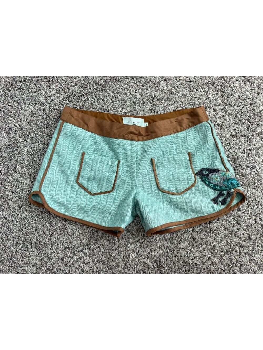 Judith March Wool Blend Embroidered Bird Applique Herringbone Shorts Size S